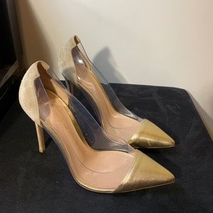 Gianvito Rossi Gold Suede Leather Plexi Pumps